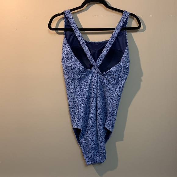 Lands’ End Women's Tugless X-Back One Piece Swimsuit Navy/Turquoise Mosaic Dot - Picture 2 of 8